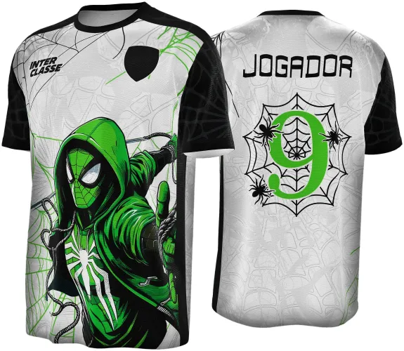 Camisa branca com mangas pretas, frente com Homem-Aranha de capuz verde lançando teia, texto INTER CLASSE; costas com número 9 verde em teia preta com três aranhas e nome JOGADOR.