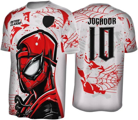 Camisa branca com estampa do Homem-Aranha vermelho e preto na frente, acompanhada do texto INTER CLASSE. Nas costas, o texto JOGADOR com o número 10 em preto, decorados com teias e manchas vermelhas.