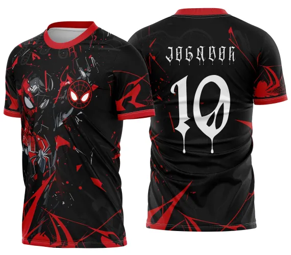Camisa preta com gola e mangas vermelhas, figura do Homem Aranha estilizado em vermelho e preto na frente, e nas costas número branco 10 com palavra JOGADOR acima em fonte gótica.