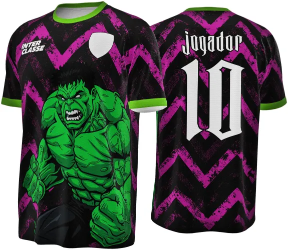 Camisa preta com padrão zigue-zague roxo, Hulk verde musculoso na frente, gola e punhos verdes, texto INTER CLASSE e escudo branco na frente, costas com texto JOGADOR e número 10 em branco.