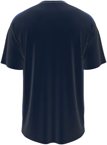Camisa visitante das Ilhas Faroe 2026 azul-marinho com manchas azul-royal, frente e costas