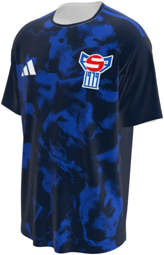 Camisa visitante das Ilhas Faroe 2026 azul-marinho com manchas azul-royal, frente e costas