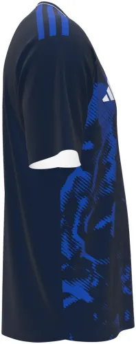 Camisa visitante das Ilhas Faroe 2026 azul-marinho com manchas azul-royal, frente e costas