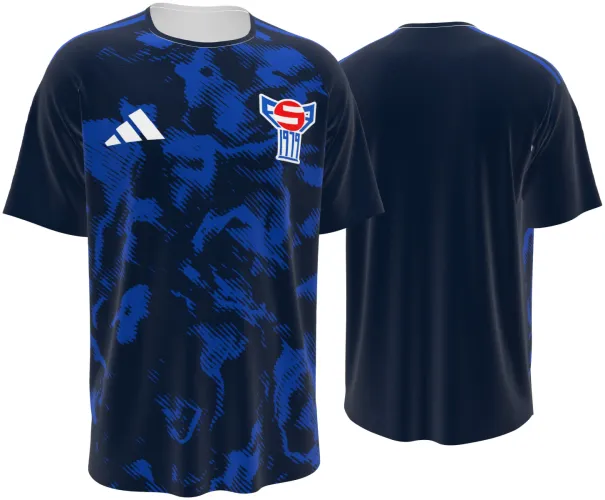 Camisa visitante das Ilhas Faroe 2026 azul-marinho com manchas azul-royal, frente e costas