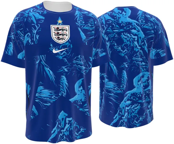 Camisa de goleiro da Inglaterra 2026 azul com plumagem pintada, frente e costas