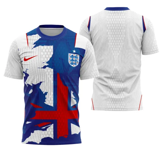 Camisa com mapa da Inglaterra destacado na frente, cruz vermelha ao centro e escudo com três leões, gola azul e detalhes vermelhos. Costas brancas com padrão cinza e detalhes em vermelho nas laterais.