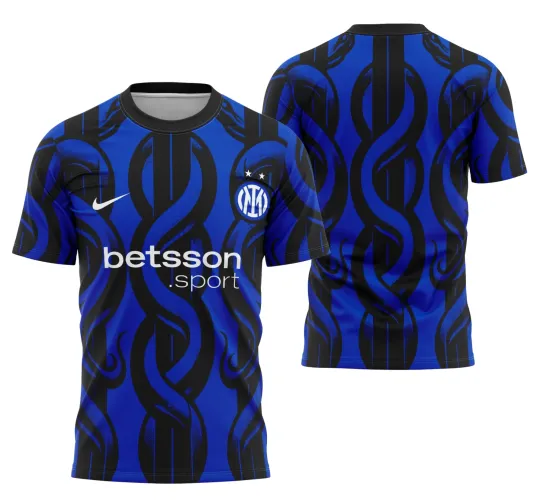 Camisa com padrão azul e preto entrelaçado na frente e costas, escudo pequeno azul e branco com duas estrelas na frente, logo Nike branco à esquerda e texto centralizado 'betsson sport' em branco.