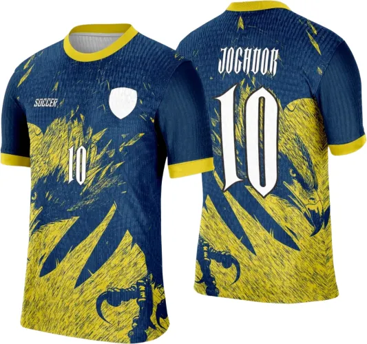 Camisa azul escura com uma águia amarela destacada na frente e nas costas, gola e punhos amarelos, frente com escudo branco e número 10, costas com nome JOGADOR e número 10 grandes em branco.