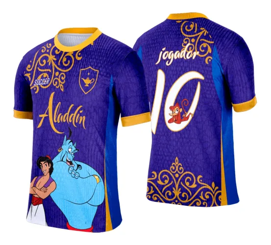 Camisa roxa com detalhes dourados e laterais azuis, com Aladdin e Gênio na frente, e nas costas número 10 branco dourado com mascote vermelho e texto 'jogador'. Ornamentos dourados decoram ombros e barra.