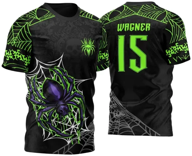 Camisa preta com grande aranha roxa e verde em teia branca na frente, com aranha menor no peito; nas costas nome WAGNER e número 15 em verde, com detalhes de teias verdes nos ombros e um padrão de teias cinza no canto inferior.