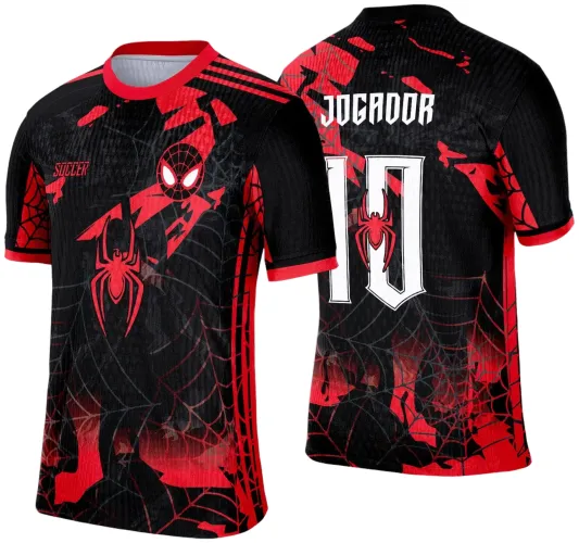 Camisa preta com detalhes vermelhos, teias e figura de aranha estilizada na frente, texto Soccer, costas com número 10 branco e aranha vermelha, texto JOGADOR na parte superior.