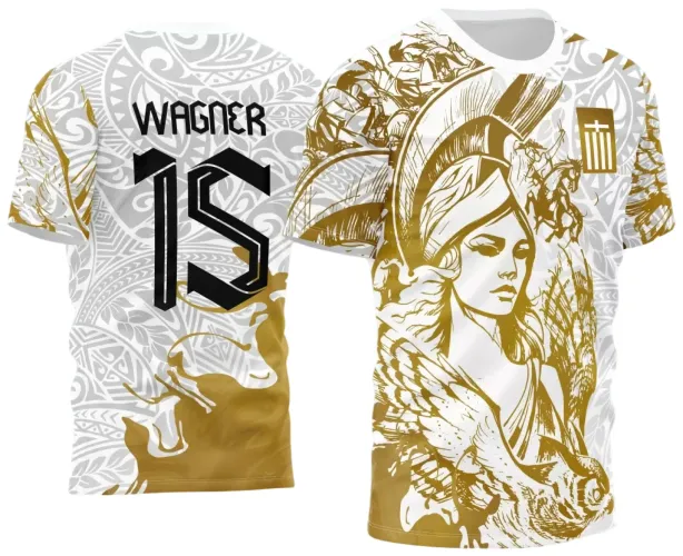 Camisa com frente ilustrando a deusa Atena em dourado com detalhes tribais cinza sobre fundo branco; costas com padrão tribal cinza, nome WAGNER preto e número 15 preto com dourado.
