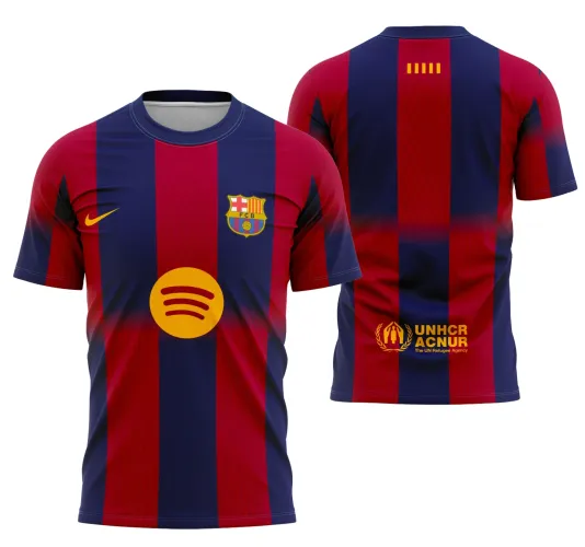 Camisa com listras verticais grená e azul marinho, escudo no peito à direita, logo Spotify amarelo na frente, cinco barras amarelas no topo das costas e logo UNHCR ACNUR abaixo, gola redonda azul e mangas listradas.