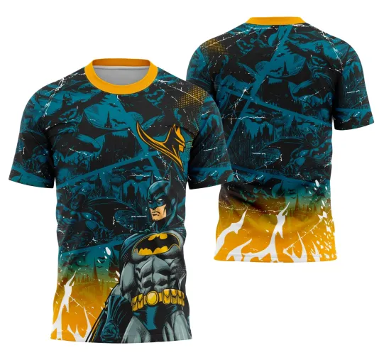 Camisa preta com estampa azul do Batman em várias poses, gola amarela, degradê amarelo com chamas na parte inferior, texto INTER CLASSE JOGADOR no peito e TERCEIRÃO na frente.