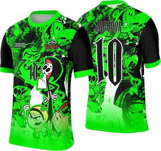 Camisa verde e preta com personagens de Billy & Mandy na frente, número 10 destacado, costas com grande número 10 e texto JOGADOR em estilo gótico, mangas pretas com punhos verdes, fundo com efeito degradê.