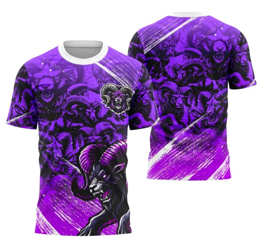 Camisa roxa com estampas de carneiros demoníacos em preto e roxo, destaque para grande carneiro frontal na parte inferior, escudo com carneiro no peito e textos JOGADOR, INTERCLASSE e número 10, mesma arte repetida nas costas com detalhes em branco.