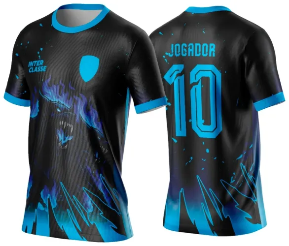 Camisa preta com chamas azuis e mascote Cérbero em posição agressiva na frente, texto INTER CLASSE e escudo azul; nas costas, JOGADOR e número 10 em azul com manchas azuis no fundo, gola e mangas com detalhes azuis.