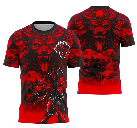 Camisa com arte do mascote Cérbero de três cabeças em vermelho e preto, com detalhes de caveira, textos INTER CLASSE e JOGADOR na frente, e INTERCLASSE TERCEIRÃO nas costas, degradê vermelho no acabamento.