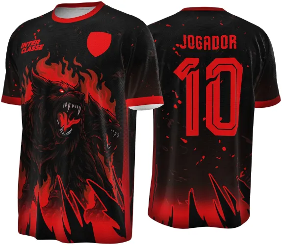 Camisa preta com mascote Cérbero de três cabeças em chamas vermelhas na frente, texto INTER CLASSE e escudo vermelho, costas com número 10 e texto JOGADOR em vermelho destacado sobre fundo preto com degradê vermelho na base.