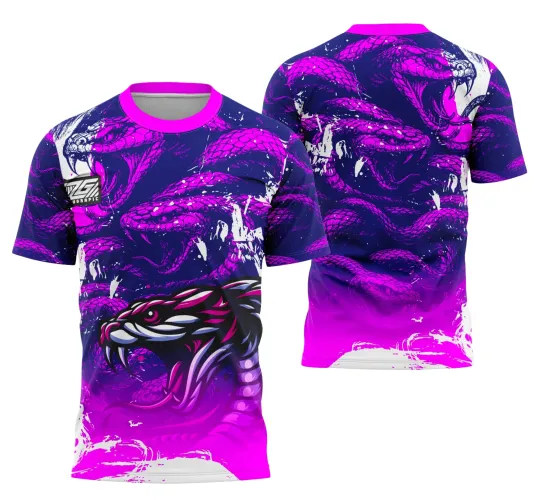 Camisa com estampa de cobra em roxo e rosa vibrante, frente com mascote principal e textos JOGADOR, INTER CLASSE e TERCEIRÃO; costas com cobras roxas entrelaçadas em fundo degradê rosa com branco.