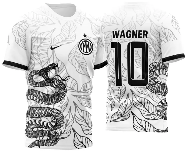 Camisa branca com estampa de folhas cinza e uma cobra preta enrolada na frente, escudo preto 'INTC' e logo preto Nike. Nas costas o nome WAGNER e o número 10 em preto com folhas no fundo e a cauda da cobra visível.