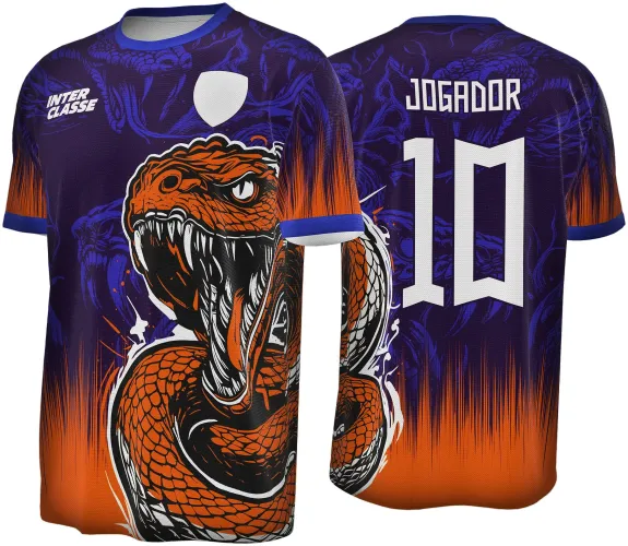 Camisa roxa com degradê laranja nas mangas e base, cobra laranja grande na frente, escudo branco no peito e texto INTER CLASSE. Costas mostram o número 10 e JOGADOR em branco, com fundo roxo e detalhes de cobras.