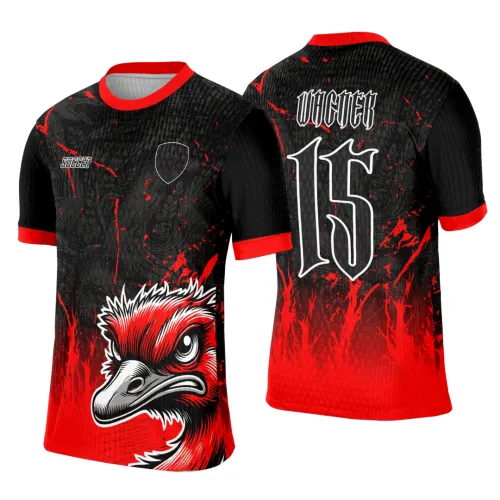 Camisa preta com degrade vermelho e detalhes florais, com cabeça de avestruz vermelha expressiva na frente, gola e punhos vermelhos, e costas com número 15 e texto VINCER em branco estilizado.