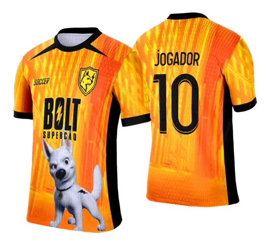 Camisa laranja com degradê amarelo, figura de cachorro branco estilo desenho animado na frente, textos 'BOLT SUPERCÃO' e 'SOCCER' em preto, escudo amarelo com cachorro e raio no peito, costas com o texto 'JOGADOR' e número 10 em preto.