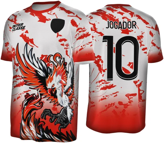 Camisa com front estampada por mascote Fênix em tons laranja, branco e preto sobre fundo branco com manchas laranja, texto INTER CLASSE no peito e escudo preto; costas com nome JOGADOR e número 10 em preto, fundo com degradê vermelho e laranja.