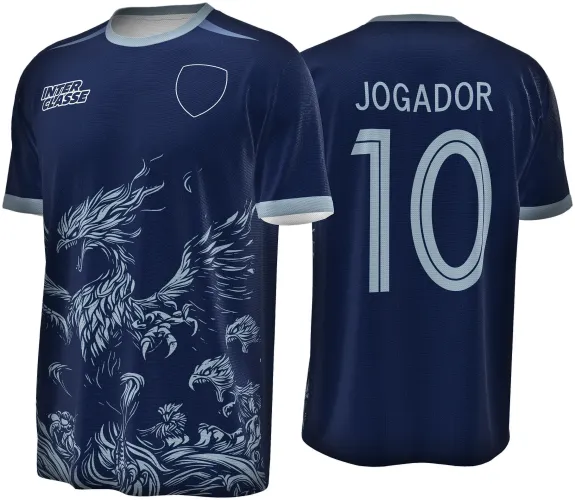 Camisa azul marinho com gola e mangas em tom claro. Na frente, fênix prateada grande em destaque, brasão branco contornado e texto INTER CLASSE. Nas costas, número 10 e JOGADOR em prata.