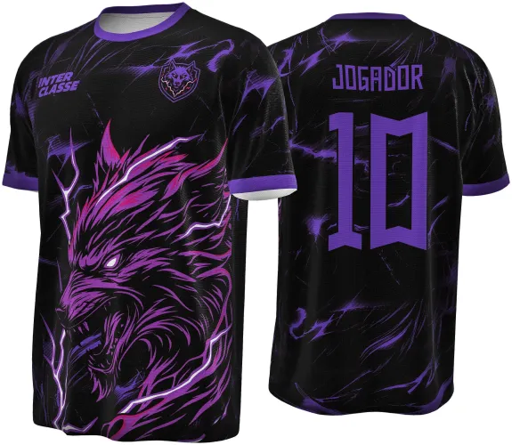 Camisa preta com detalhes roxos e rosa, frente com um lobo agressivo em destaque, textos 'INTER CLASSE' e escudo com lobo, costas exibem 'JOGADOR' e número 10 em roxo sobre fundo preto com raios roxos.