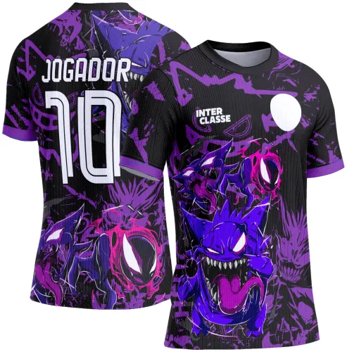 Camisa preta e roxa com a arte frontal destacando um monstro roxo agressivo com língua de fora e texto INTER CLASSE ao lado. Nas costas, monstro similar e o texto JOGADOR 10 em branco.