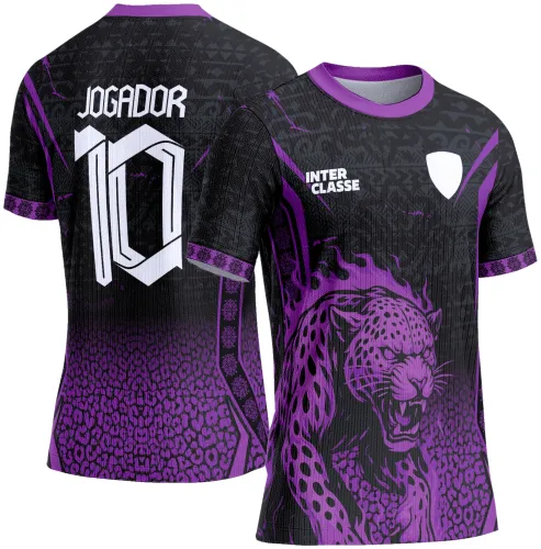 Camisa preta com degradê roxo, frente com onça agressiva em roxo, texto INTER CLASSE e escudo branco; costas com padrão de manchas roxas, texto JOGADOR e número 10 em branco.