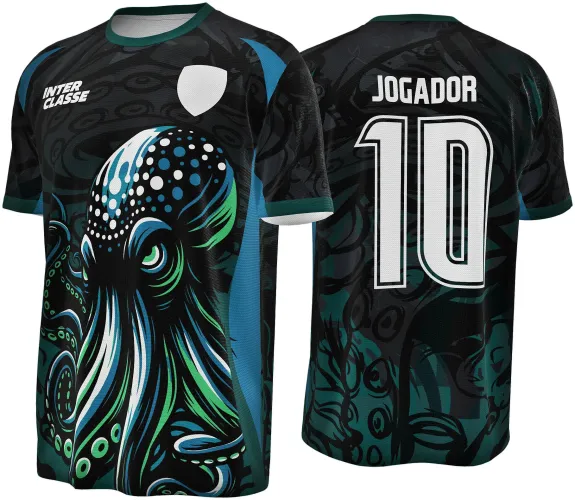 Camisa preta com ilustração frontal grande de polvo nas cores verde, azul e branco, texto 'INTER CLASSE' na parte superior da frente e escudo branco; costas com fundo escuro e textos brancos 'JOGADOR' e número '10'.