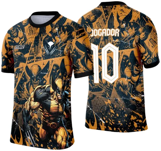 Camisa em laranja e preto com figura poderosa de Wolverine à frente em pose agressiva; costas exibem múltiplas cenas do personagem, texto JOGADOR e número 10 em destaque.