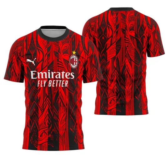 Camisa com logo no peito e estampa grande nas costas apresentando um design moderno e vibrante inspirado no futebol internacional, destacando cores e detalhes que remetem à paixão pelo esporte.
