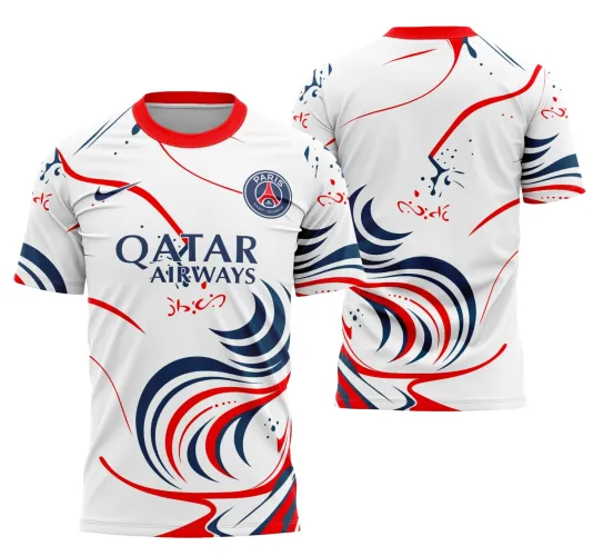 Camisa estilo futebol internacional, mostrando cores vibrantes e design moderno e esportivo.