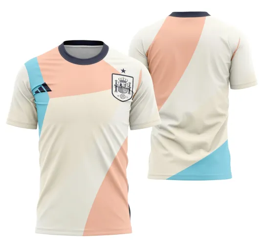 Camisa demonstrando design único e moderno, com cores vibrantes que destacam o conceito futebolístico feminino.