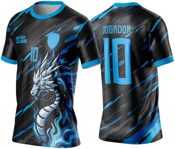 Camisa preta com degradê azul e dragão branco e azul na frente, texto INTER CLASSE e número 10 em azul claro; costas com nome JOGADOR e número 10 em azul, padrão de traços azuis.
