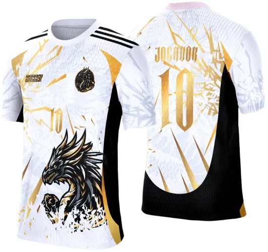 Camisa branca com dragão preto e dourado em destaque na frente, número 10 dourado e logo SOCCER, costas com grande número 10 e texto JOGADOR em dourado, com detalhes gráficos abstratos nas cores branca, preta e dourada.