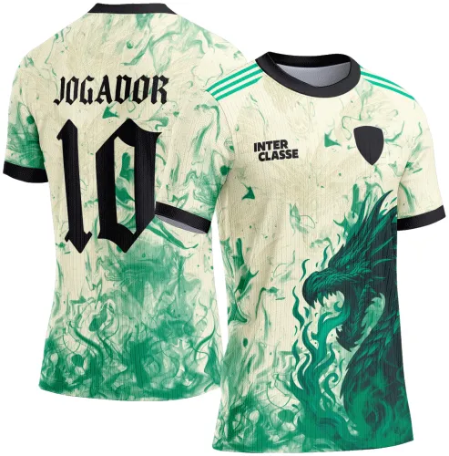 Camisa branca com efeito verde aquarelado, dragão verde escuro na frente e textos INTER CLASSE; costas exibem o número 10 e a palavra JOGADOR em preto, gola e punhos pretos com detalhes em verde.