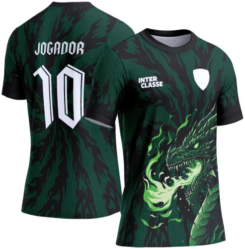 Camisa com frente preta e verde em padrão camuflado com dragão verde cuspindo fogo, escudo branco e texto INTER CLASSE. Costas seguem padrão com número 10 e texto JOGADOR brancos.