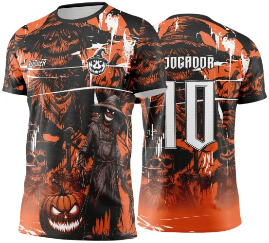 Camisa com arte de espantalho sombrio frontal com abóbora assustadora, cores laranja e preto, detalhes brancos; costas com número 10 e texto JOGADOR em branco.