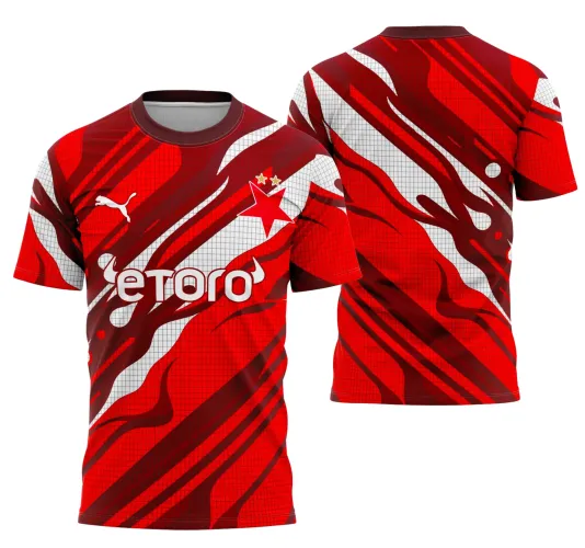 Camisa vermelha com detalhes ondulados vermelhos escuros e listras brancas, escudo de estrela vermelha com duas estrelas douradas na frente, logo Puma branco e texto 'etoro' centralizado na frente, costas mantendo o padrão e fundo quadriculado.