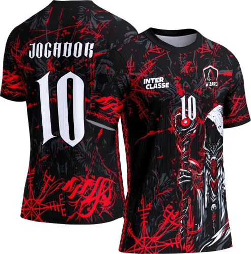 Camisa preta com detalhes em vermelho, frente com feiticeiro segurando cajado e número 10, texto INTER CLASSE e escudo WIZARD; costas com nome JOGADOR e número 10 em destaque.