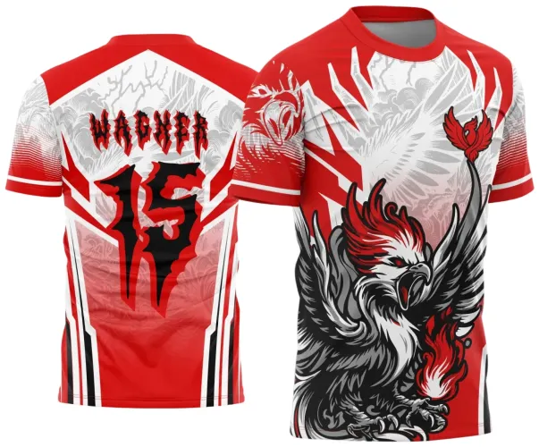 Camisa com fênix estilizada em vermelho, preto e branco na frente segurando fogo, fundo com raios brancos. Costas vermelhas com número 15 em preto e vermelho e nome VAGNER, texto INTER CLASSE, JOGADOR e TERCEIRÃO.
