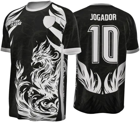 Camisa preta com arte tribal branca de fênix na frente, escudo branco e texto INTER CLASSE no ombro. Nas costas, nome JOGADOR e número 10 em branco, decorada com penas brancas na parte inferior.
