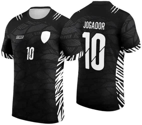 Camisa preta com padrão de folhas em tons escuros, detalhes em listras brancas nas laterais e mangas, frente com escudo branco, texto 'SOCCER' e número 10, costas com 'JOGADOR' e número 10 em branco.