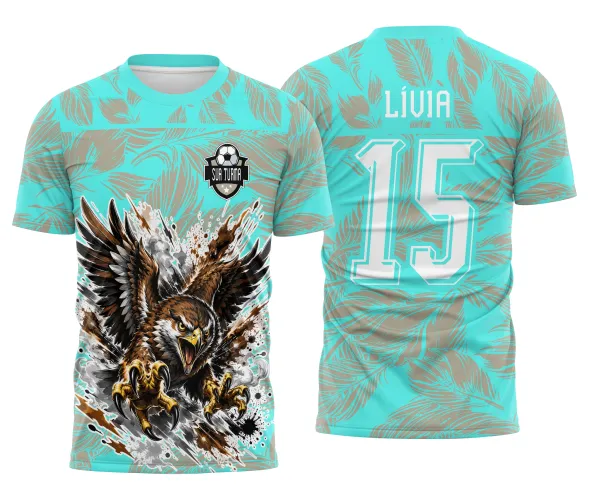 Arte digital para camisa de interclasse com gavião de asas abertas e elementos esportivos Arte Autoral Doces Desenhos