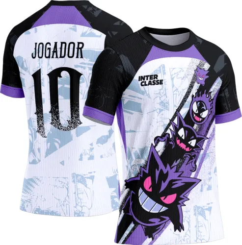 Camisa com fundo branco, ombros e mangas pretas com detalhes roxos, na frente mascotes Gengar em degradê roxo e preto ao lado do texto INTER CLASSE; atrás, nome JOGADOR e número 10 em preto.